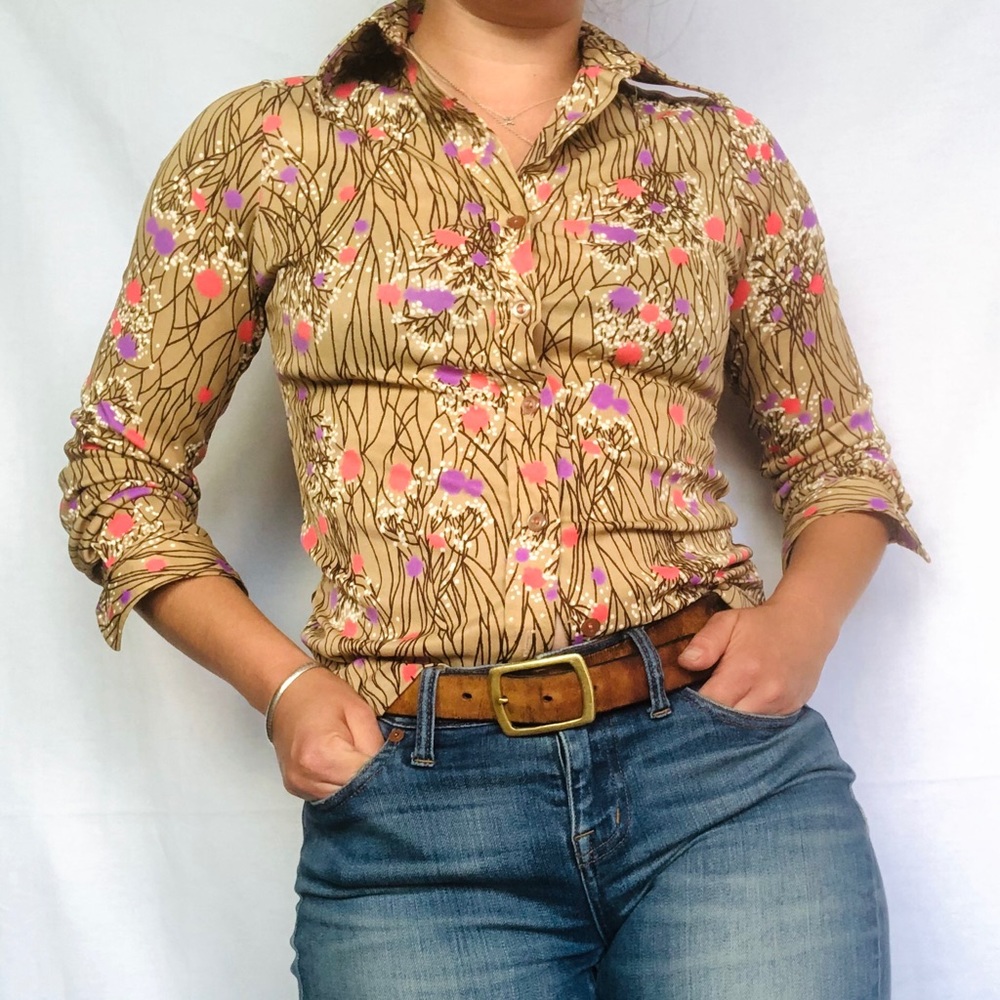 Vintage 70s Disco Collar Earthy Organic Pattern Poly Knit Button Shirt